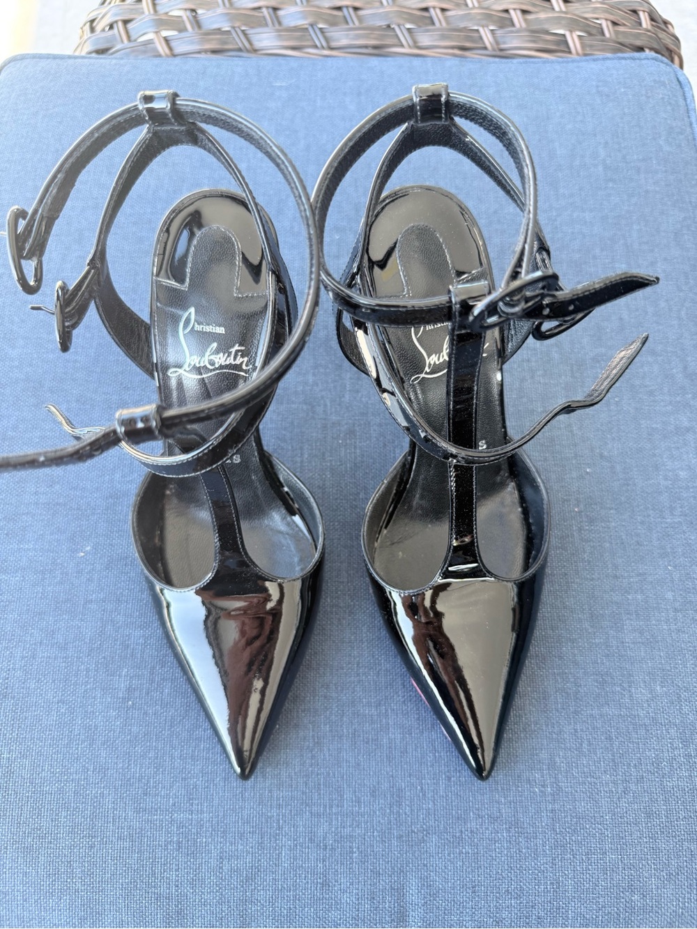 Christian Louboutin Black Patent Pointed T-Strap Ankle Strap Pumps